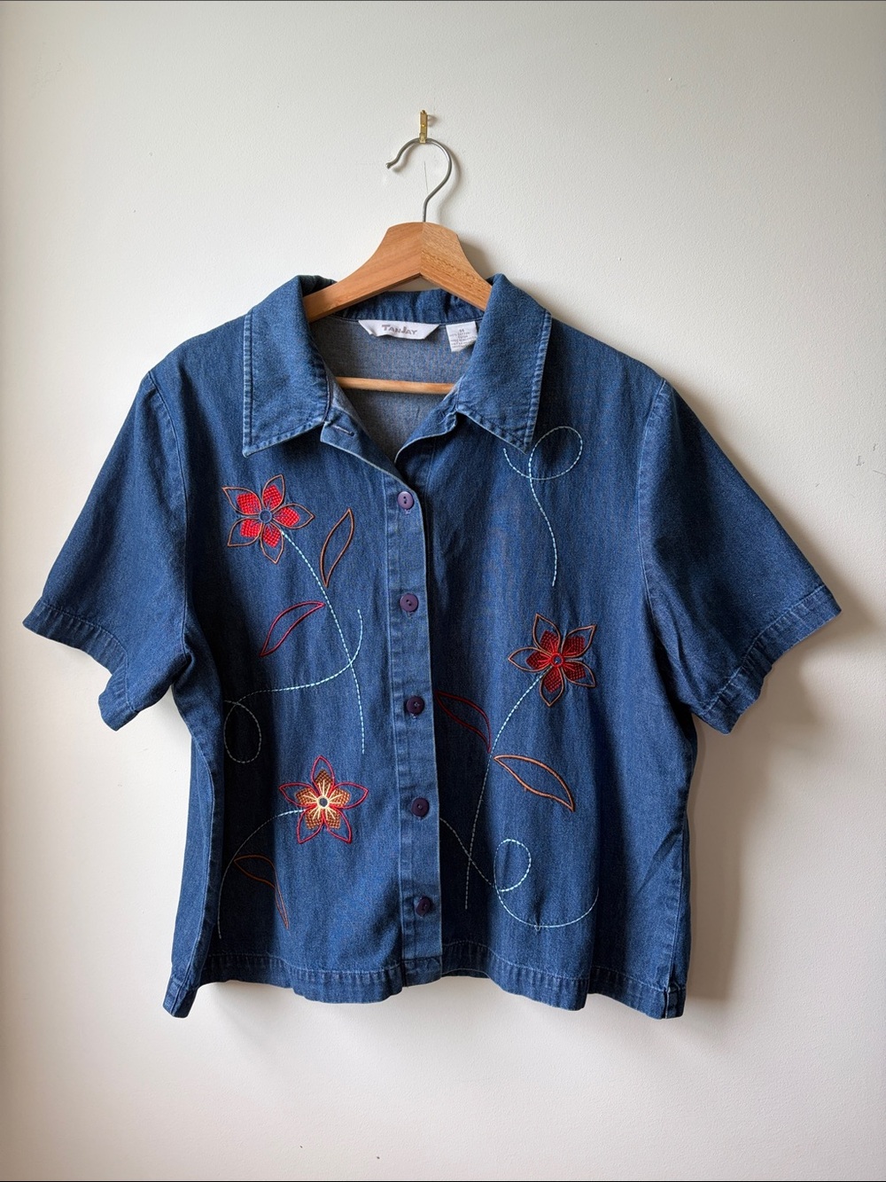 TanJay vintage Denim Button-Down with Floral Embroidery
